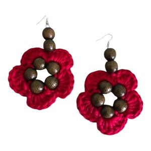 Red Brown Crochet Beaded Boho Chic Silver Drop Dangle Earrings Handma…